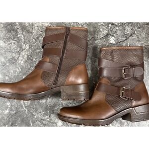 Sofft Aldina Womens Leather Buckle Moto Boots Snake Embossed Side Zip Brown Sz 9